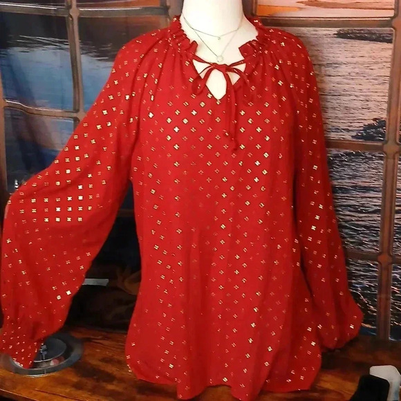 TIME AND TRU RED AND GOLD SHIMMER ✨️ BLOUSE LIKE NEW!! XL - Picture 6 of 14